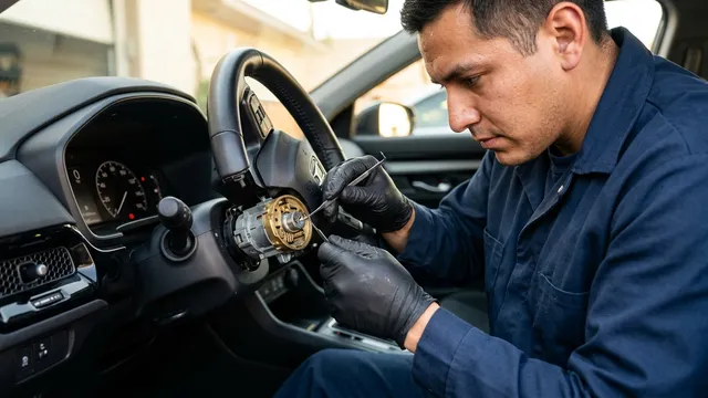 Technician servicing an automotive ignition switch assembly in a car steering column