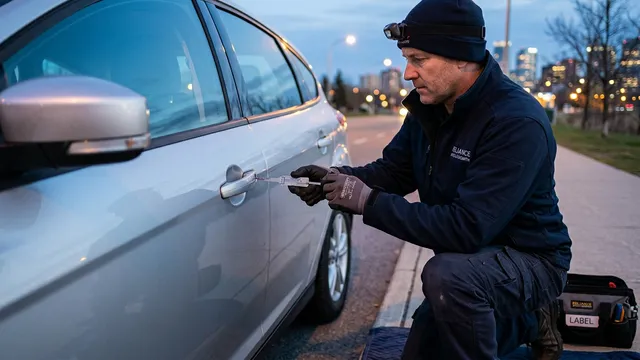 Automotive locksmith using specialized non-destructive tools on a modern car door handle