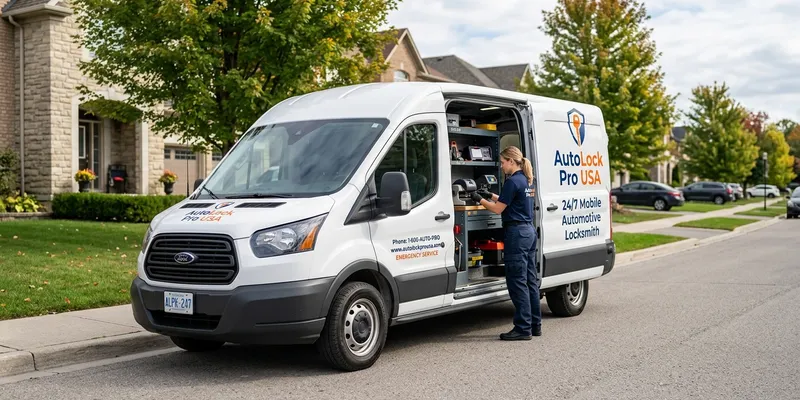 Mobile locksmith van equipped with laser key cutting machines parked at curb